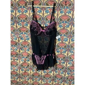 Just Sexy‎ Lingerie Black Pink Floral Lace Babydoll Chemise 3X Plus Size